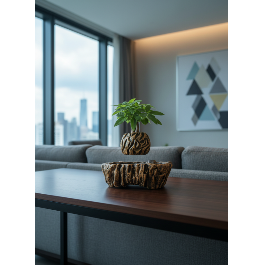 Pot lévitant plante Pachira “arbre à monnaie” effet bois