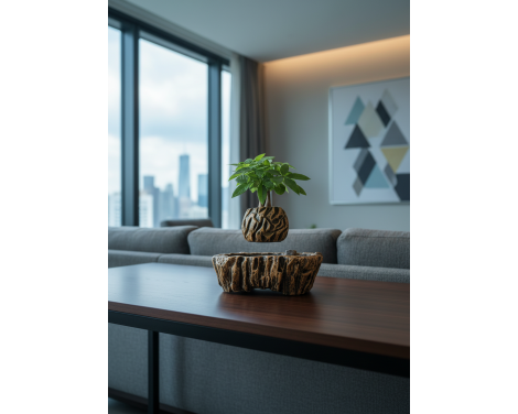 Pot lévitant plante Pachira “arbre à monnaie” effet bois