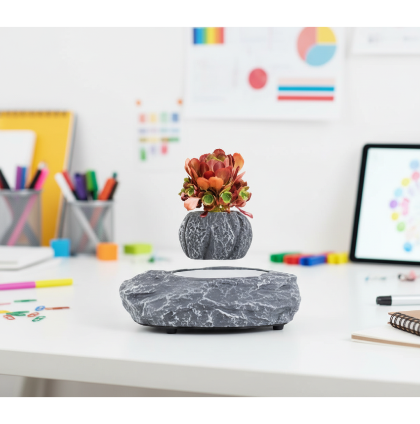 Pot de fleur en lévitation effet marbre avec fleur artificielle