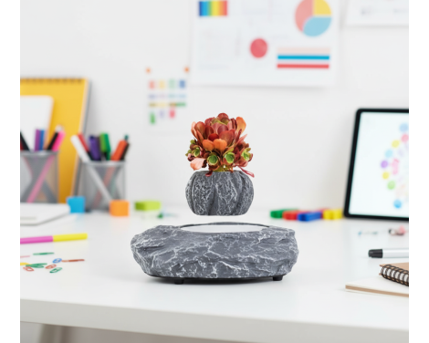 Pot de fleur en lévitation effet marbre avec fleur artificielle