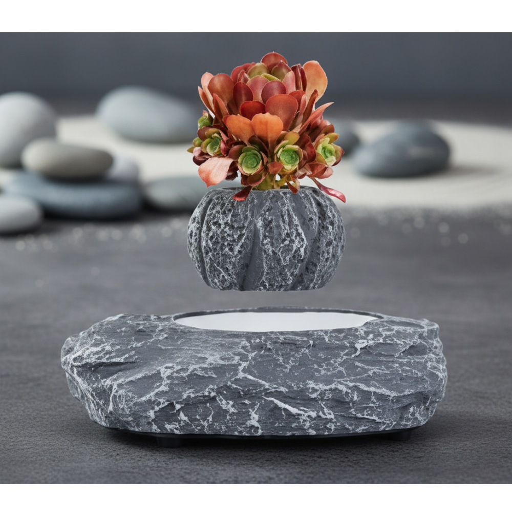 Pot de fleur en lévitation effet marbre avec fleur artificielle