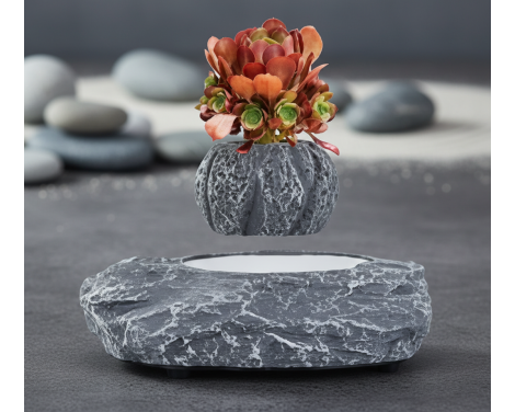 Pot de fleur en lévitation effet marbre avec fleur artificielle