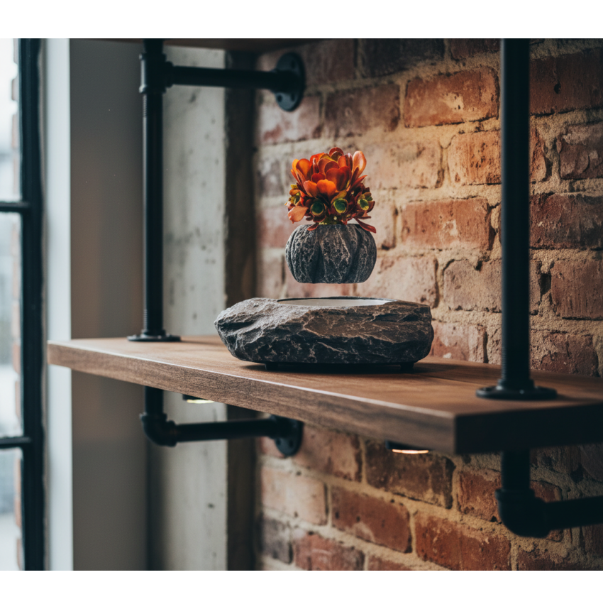 Pot de fleur en lévitation effet marbre avec fleur artificielle