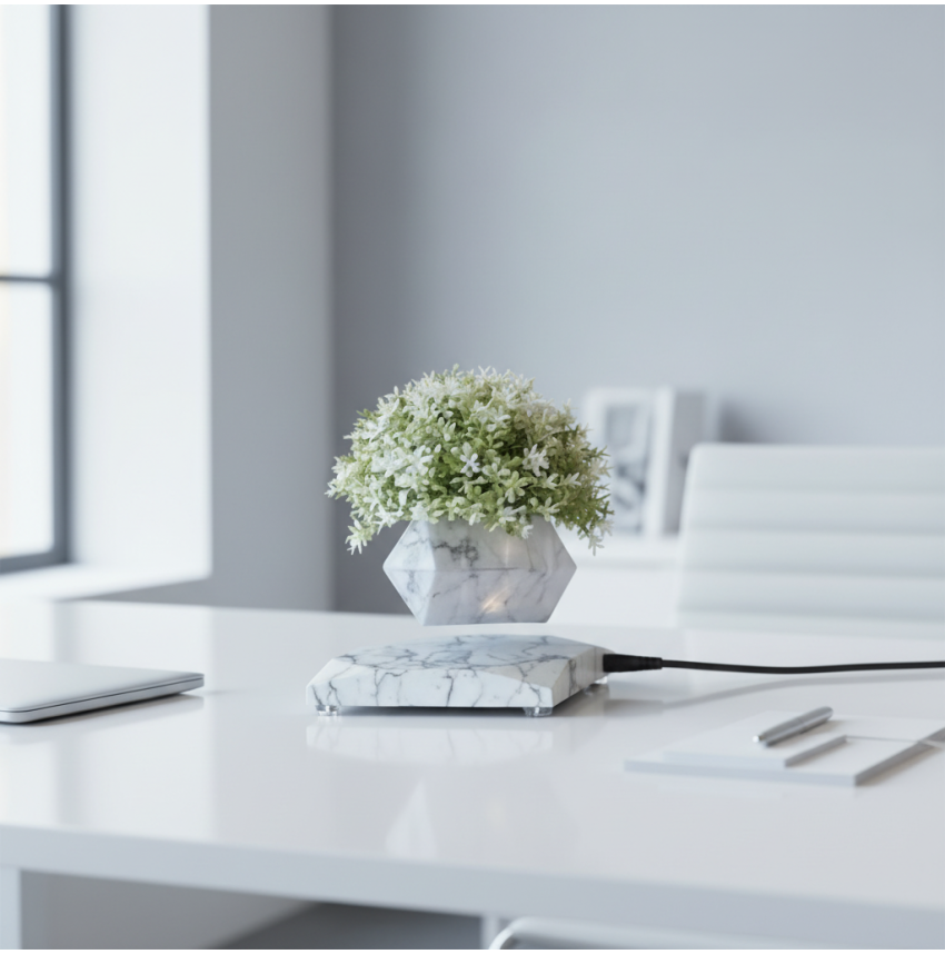 Pot de fleur en lévitation magnétique design marbre géométrique Vase flottant effet marbre avec plante déco moderne