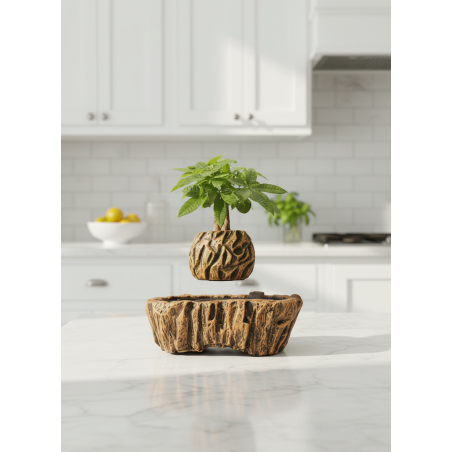 Pot lévitant plante Pachira “arbre à monnaie” effet bois