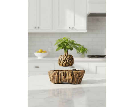 Pot lévitant plante Pachira “arbre à monnaie” effet bois