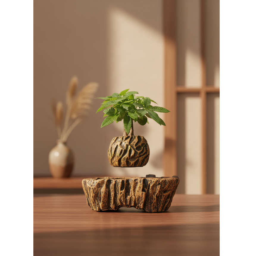 Pot lévitant plante Pachira “arbre à monnaie” effet bois