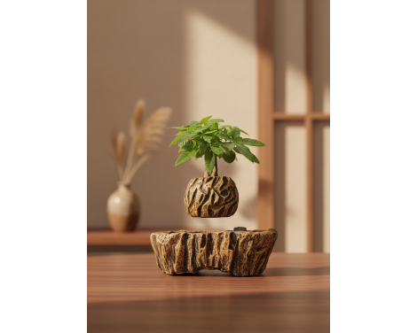 Pot lévitant plante Pachira “arbre à monnaie” effet bois